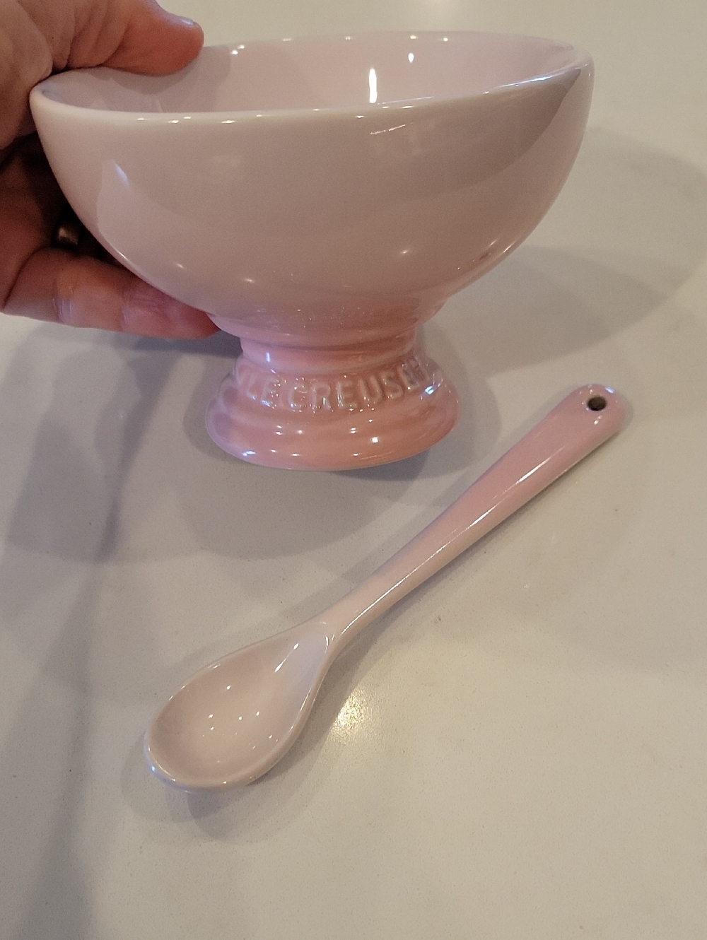 Le Creuset Powder Pink Pedestal Bowl With Matching Cafe Spoon